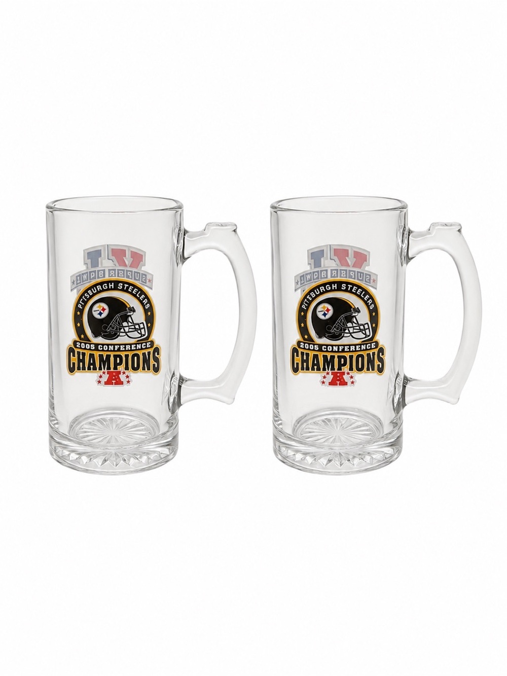 Set of 2 Pittsburgh Steelers Super Bowl XL Glass Beer Mugs 2005 Champs